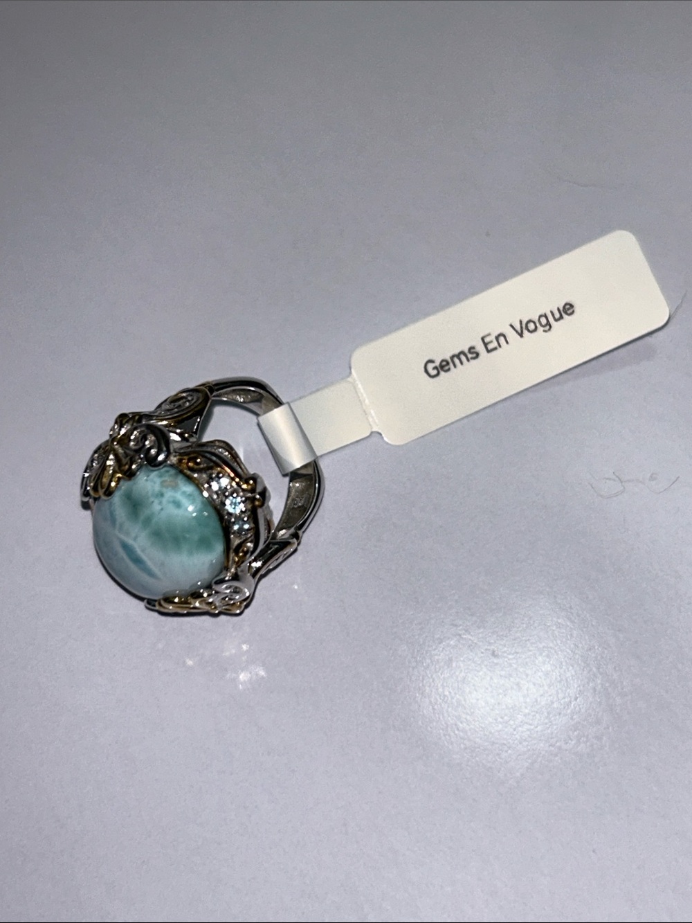Gems en Vogue Sterling 18K Accent Genuine Larimar Blue Topaz Gemstone Ring Boho - Picture 10 of 12